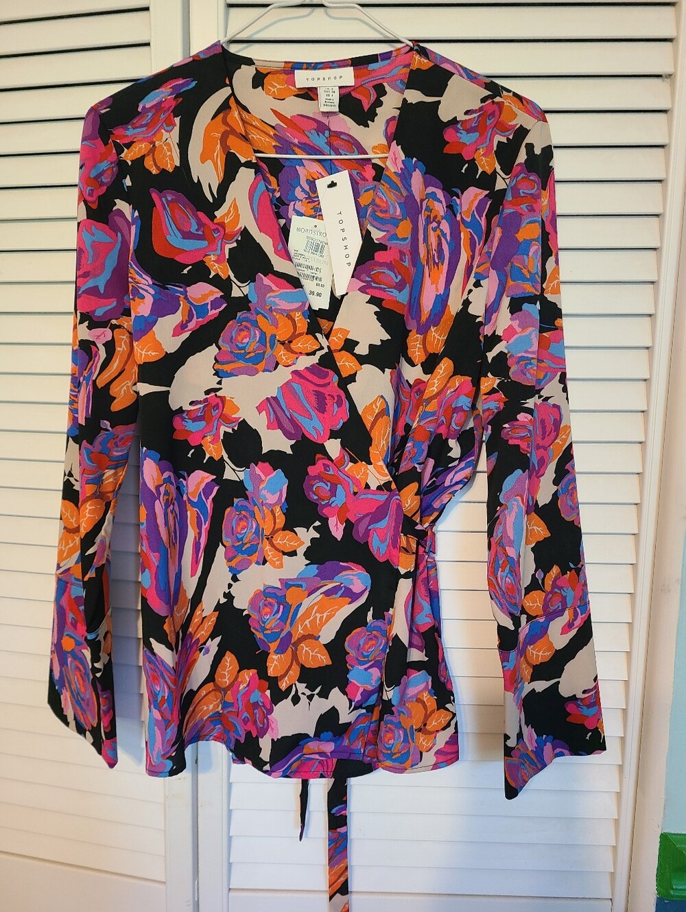 Topshop Black Floral Wrap Blouse with Pink, Blue, Purple & Orange Accents